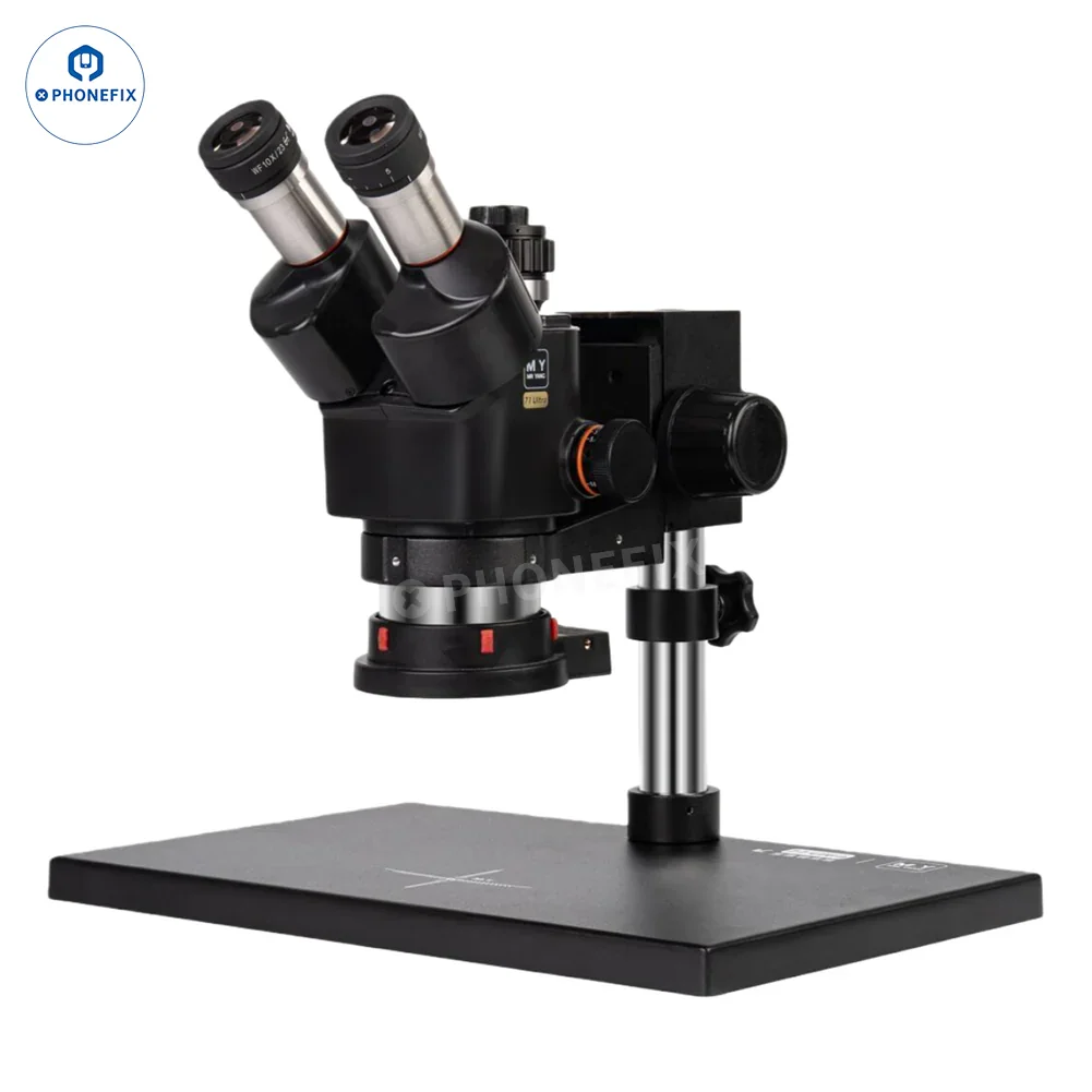 YCS M.Y 71 Ultra 6.5-58x trinocular stereo microscope for phone repair, with adjustable eyepieces and built-in phone mount.