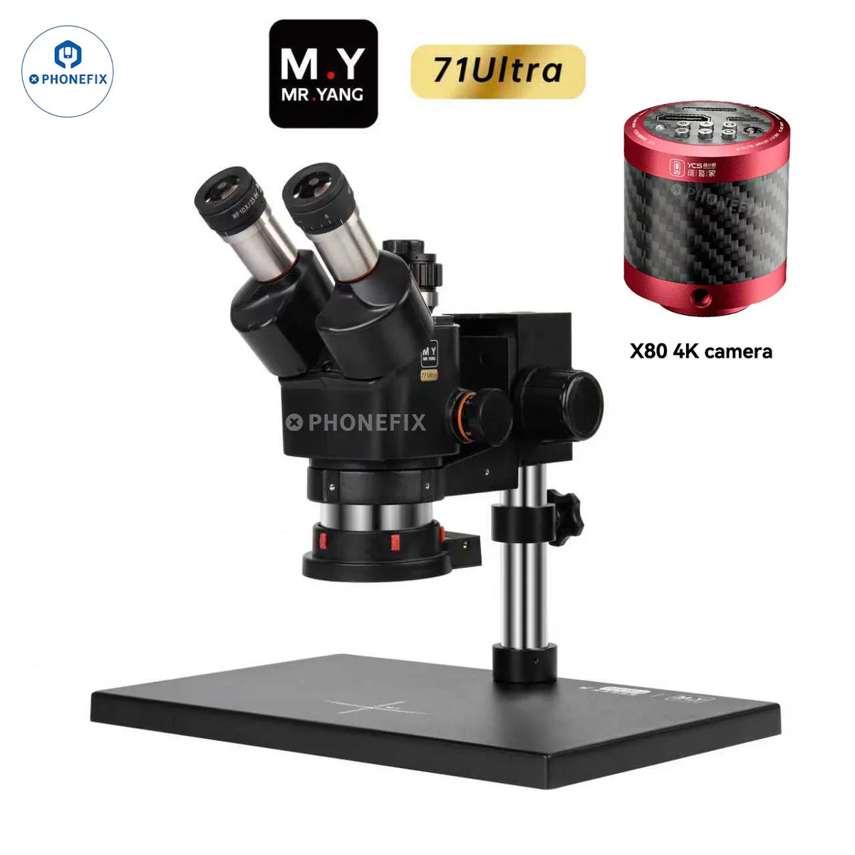 YCS M.Y 71 Ultra 6.5-58x trinocular stereo microscope for phone repair, with adjustable zoom and eyepieces for detailed inspection.