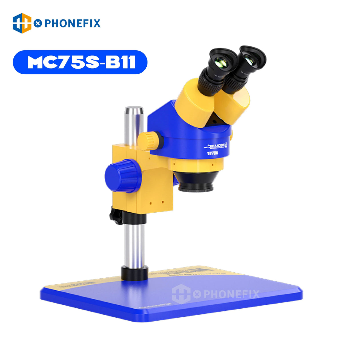 PhoneFix MC75S-B11 binocular stereo zoom microscope used for phone repair inspection and detailed electronic work.