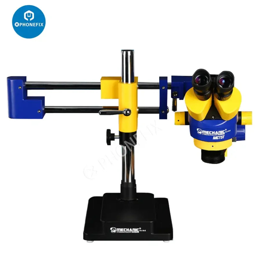 Mechanic PHONEFIX MC75T 7-45X trinocular stereo zoom microscope used for phone repair and detailed electronic inspections.