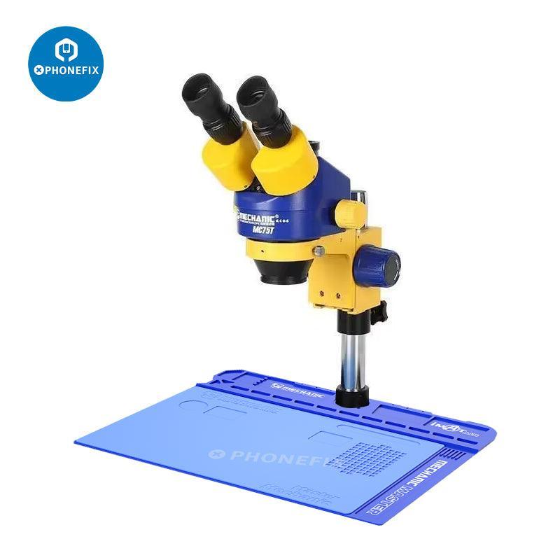 PHONEFIX Mechanic MC75T 7-45X trinocular stereo zoom microscope used for phone repair and detailed inspection.