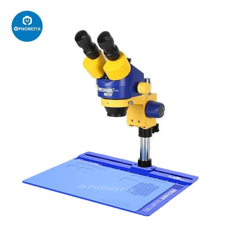 PhoneFix MC75T 7-45X trinocular stereo zoom microscope used for phone repair, featuring adjustable magnification and detailed viewing.
