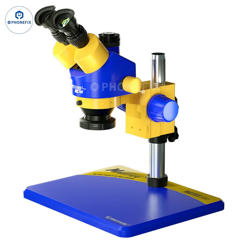 PHONEFIX Mechanic MC75T 7-45X trinocular stereo zoom microscope with phone repair setup and adjustable eyepieces.