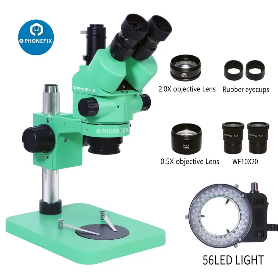 Green PHONEFIX trinocular stereo zoom microscope with 3.5x-180x magnification, used for phone PCB repair, shown from side angle.