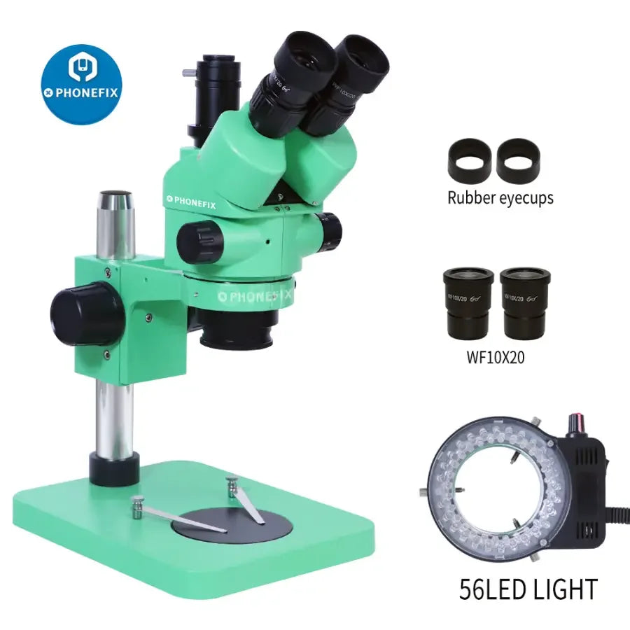 PhoneFix 3.5x-180x green trinocular stereo zoom microscope for phone PCB repair, with dual eyepieces and adjustable zoom.