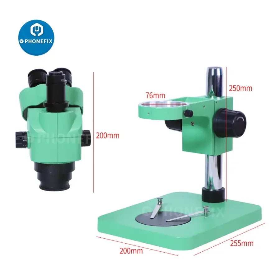 PhoneFix 3.5X-180X green trinocular stereo zoom microscope for phone PCB repair, featuring dual eyepieces and adjustable magnification.