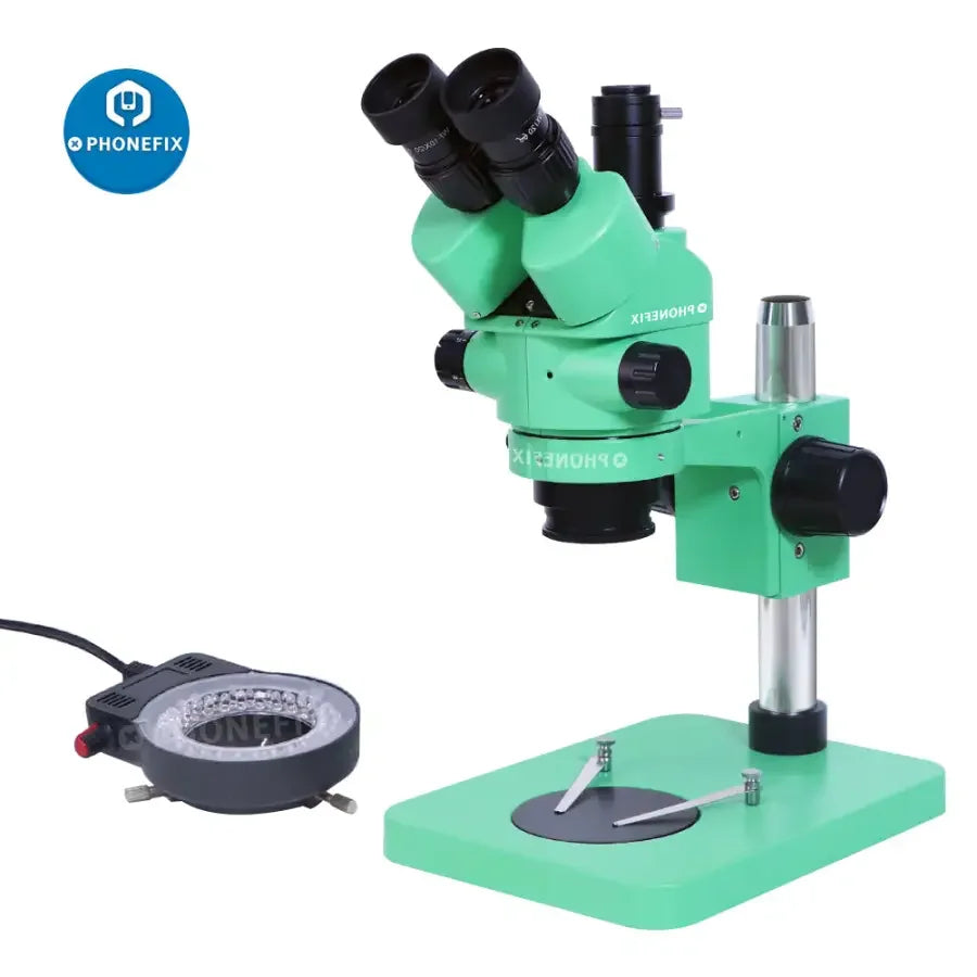 PhoneFix 3.5X-180X green trinocular stereo zoom microscope for phone PCB repair, showing adjustable eyepieces and detailed view.