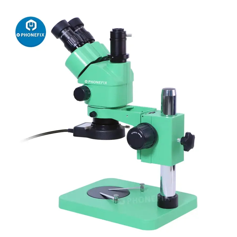 PhoneFix 3.5X-180X green trinocular stereo zoom microscope ideal for phone PCB repair, featuring adjustable magnification and binocular view.