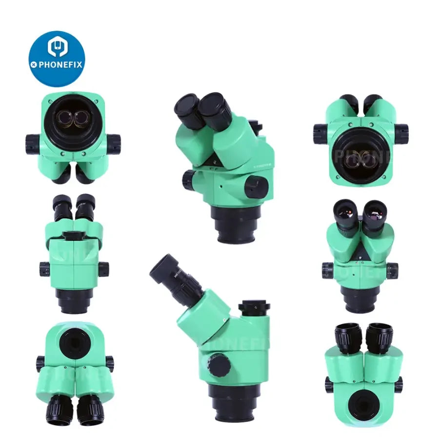 PhoneFix 3.5x-180x green trinocular stereo zoom microscope for phone PCB repair, featuring adjustable magnification and binocular viewing.