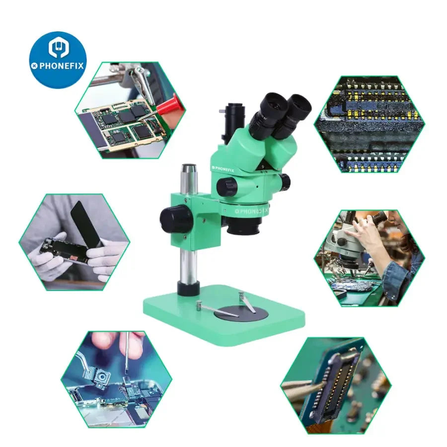 PhoneFix 3.5X-180X green trinocular stereo zoom microscope for phone PCB repair, showing adjustable eyepieces and detailed view of circuit board.