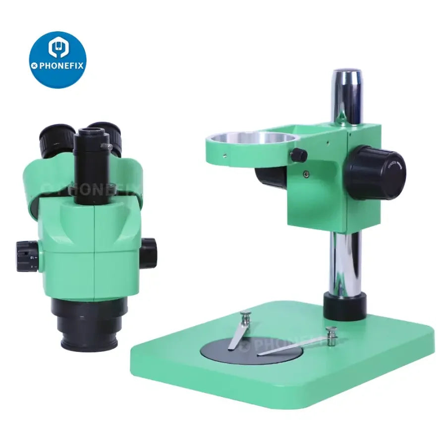 PhoneFix 3.5X-180X Green Trinocular Stereo Zoom Microscope for phone PCB repair, featuring dual eyepieces and adjustable magnification.