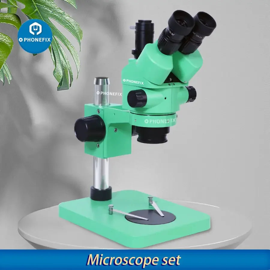 PHONEFIX 3.5X-180X green trinocular stereo zoom microscope for phone PCB repair, showing adjustable lenses and ergonomic design