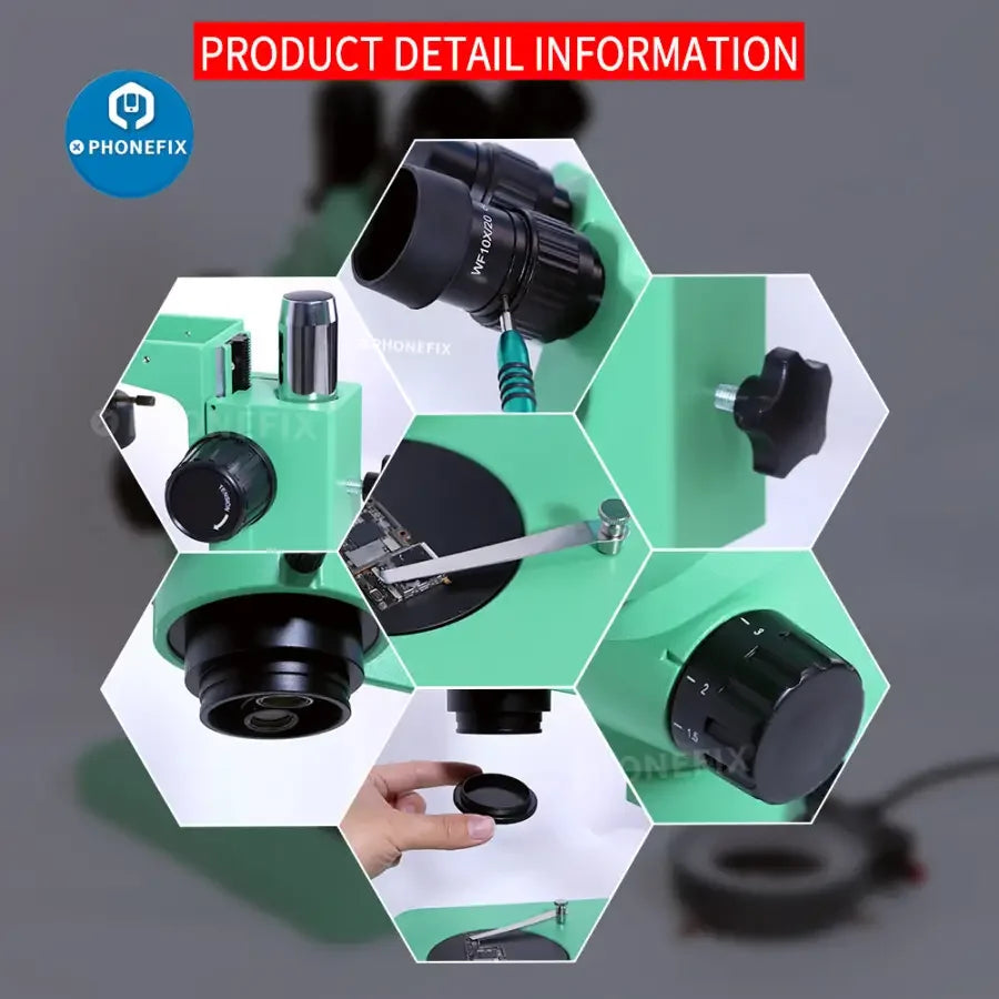 Green PHONEFIX trinocular stereo zoom microscope with 3.5x to 180x magnification, used for phone PCB repair and detailed inspection.