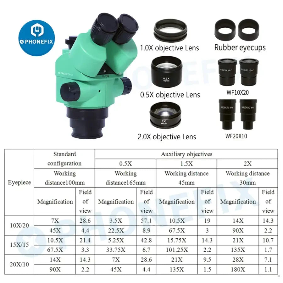 PhoneFix 3.5X-180X green trinocular stereo zoom microscope for phone PCB repair, featuring adjustable zoom and dual eyepieces.