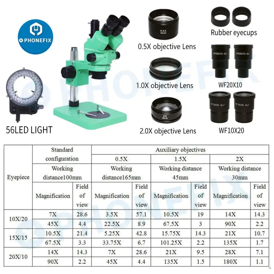 PhoneFix 3.5X-180X green trinocular stereo zoom microscope for phone PCB repair, showing adjustable lenses and ergonomic design.