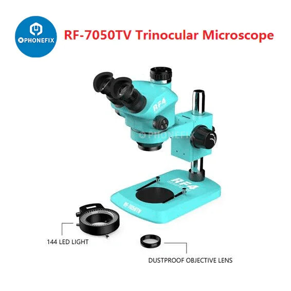 RF4 7-50X Trinocular Zoom Stereo Microscope for phone PCB repair by PHONEFIX, displaying adjustable magnification and detailed view of circuit boards.