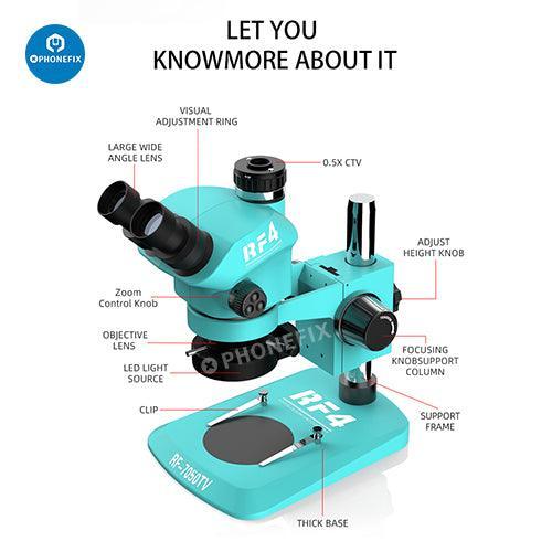 RF4 7-50X Trinocular Zoom Stereo Microscope by PHONEFIX for phone PCB repair, showing adjustable zoom and binocular eyepieces.