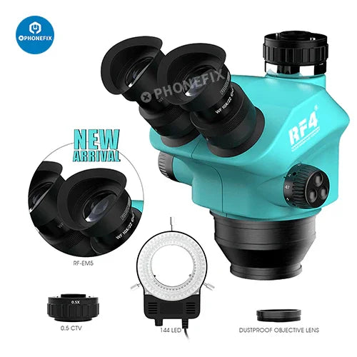 RF4 7-50X trinocular zoom stereo microscope for phone PCB repair, showing close-up view of the microscope with adjustable zoom.
