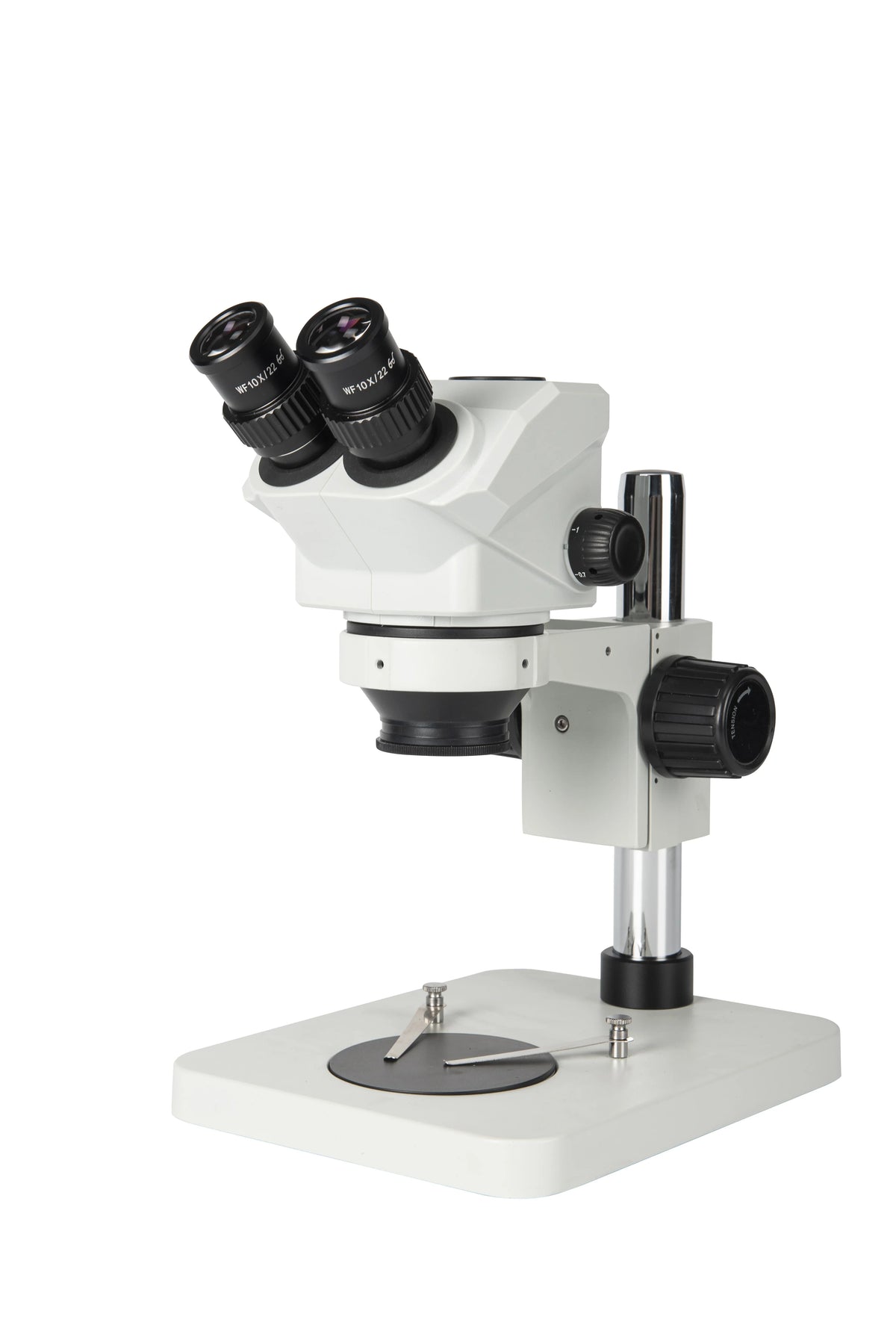 RF4 7-50X trinocular zoom stereo microscope by PHONEFIX with phone PCB repair tool, showing detailed view of microscope lenses and controls.