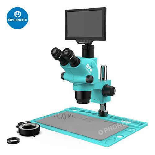 PHONEFIX 6.5-65X 7-50X zoom trinocular stereo microscope with HD camera and monitor, used for detailed scientific inspection.