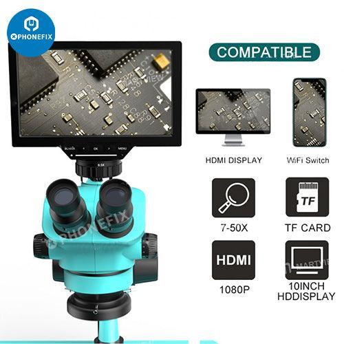 PhoneFIX trinocular stereo microscope with 6.5-65X and 7-50X zoom, HD camera, monitor, for detailed biological and industrial inspection.