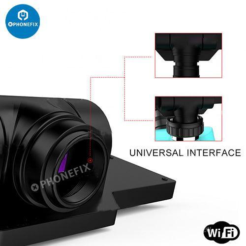 PhoneFix trinocular stereo microscope with 6.5-65X and 7-50X zoom, HD camera, monitor, and adjustable eyepieces.