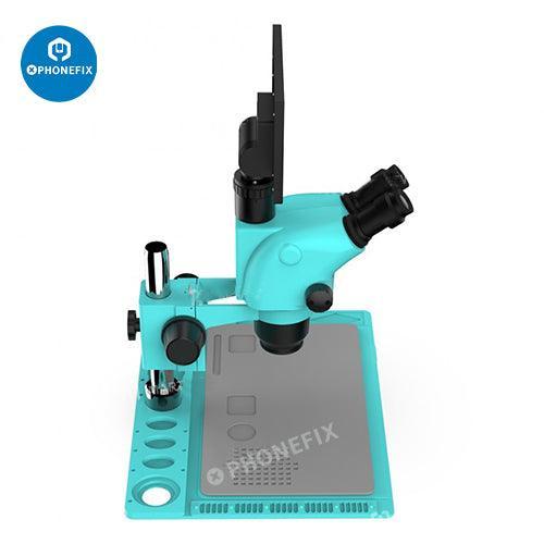 PHONEFIX 6.5-65X, 7-50X zoom trinocular stereo microscope with HD camera and monitor for detailed viewing and imaging.