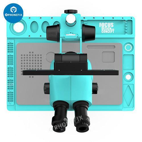 PHONEFIX 6.5-65X 7-50X zoom trinocular stereo microscope with HD camera and monitor, showing detailed optical components.