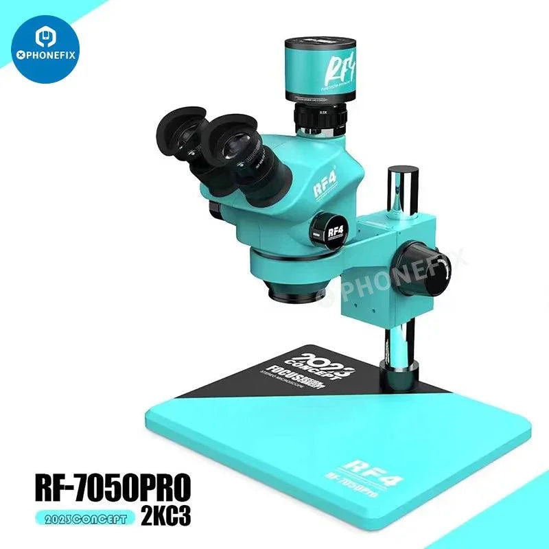 RF7050Pro 7-50X zoom trinocular stereo microscope with alloy base, featuring adjustable eyepieces and robust construction for detailed viewing.