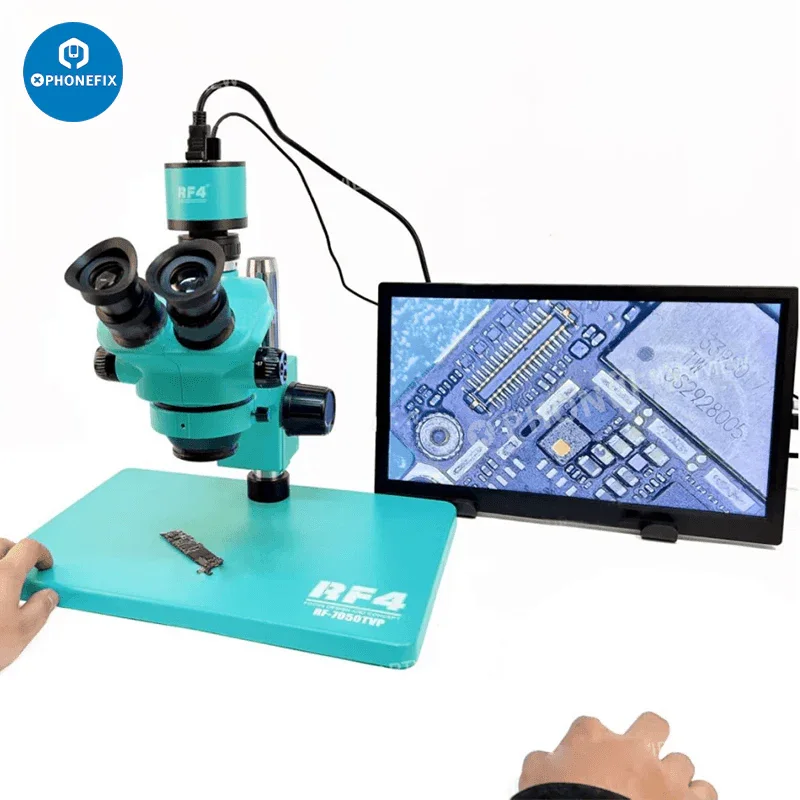 RF7050Pro 7-50X zoom trinocular stereo microscope with alloy base, showing the microscope's eyepieces and sturdy base.