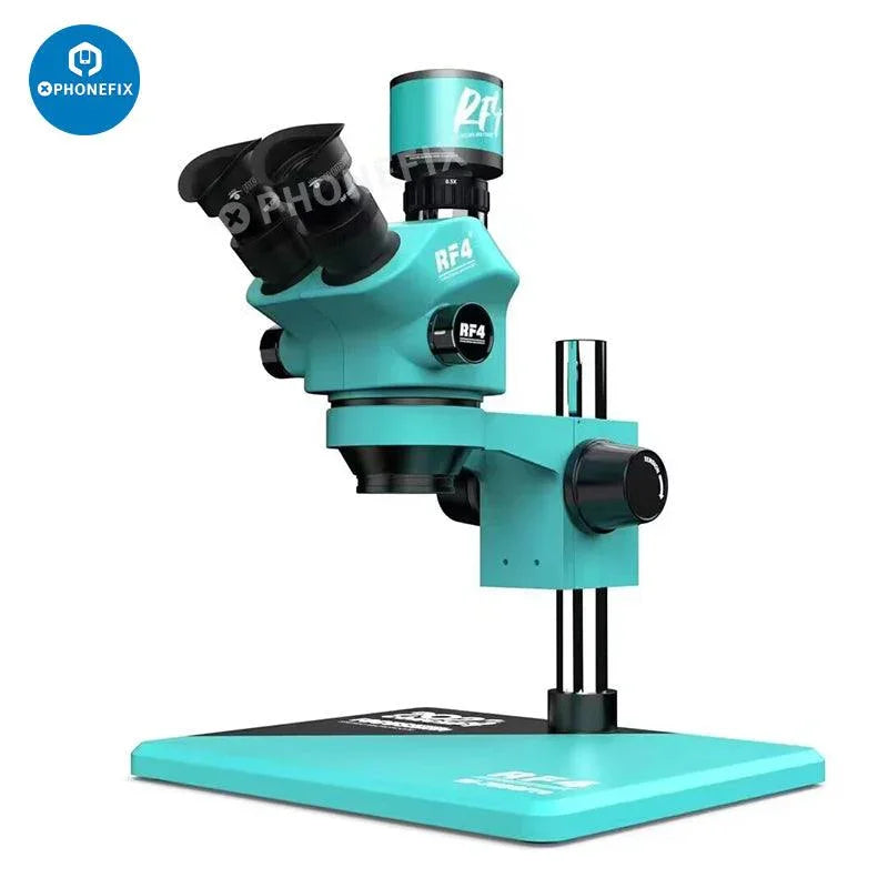 RF7050Pro 7-50X zoom trinocular stereo microscope with alloy base, shown on a sturdy work surface, detailed viewing head and adjustment knobs.