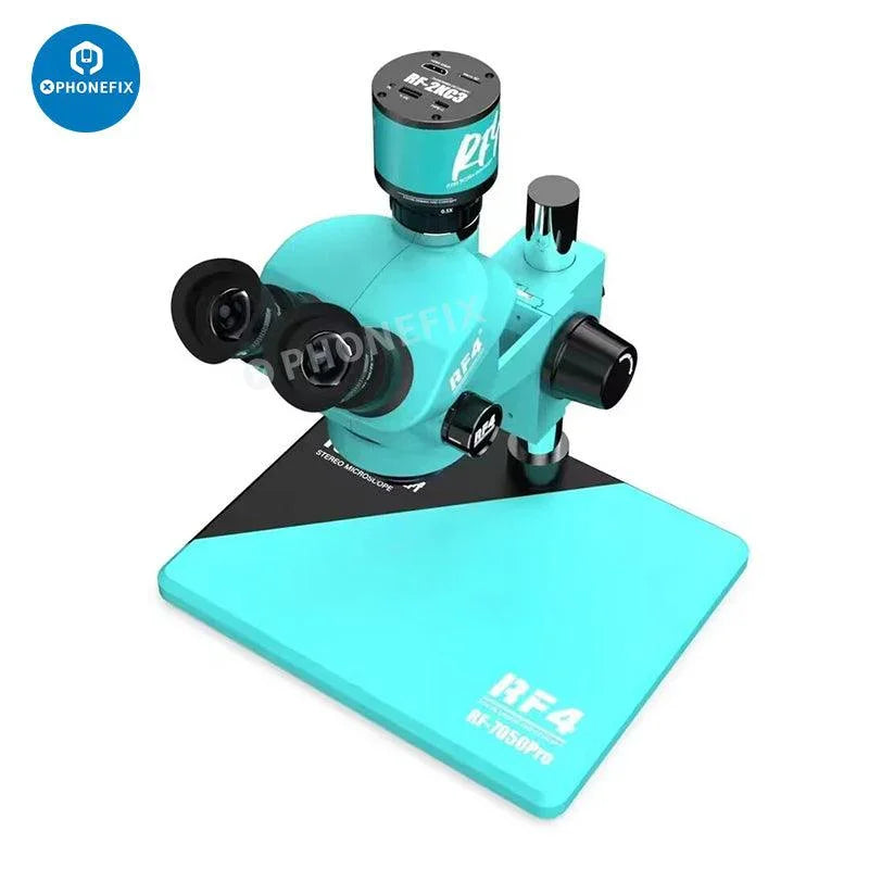 RF7050Pro 7-50X zoom trinocular stereo microscope with alloy base, detailed view of the microscope’s optical and structural features.