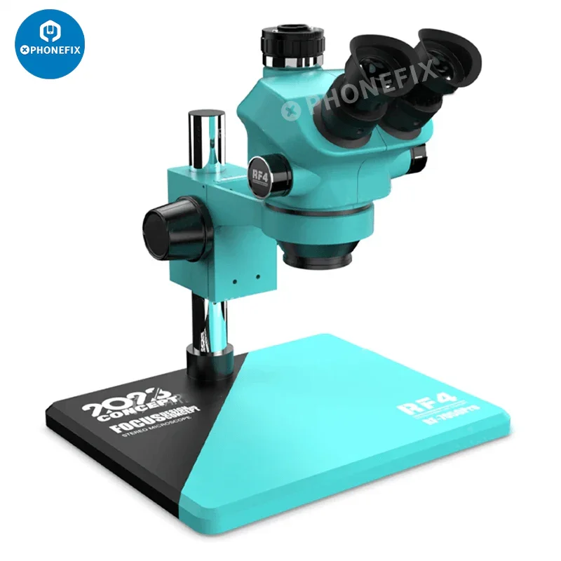 RF7050Pro 7-50X zoom trinocular stereo microscope with alloy base, showing the microscope's body, eyepieces, and adjustable zoom features.
