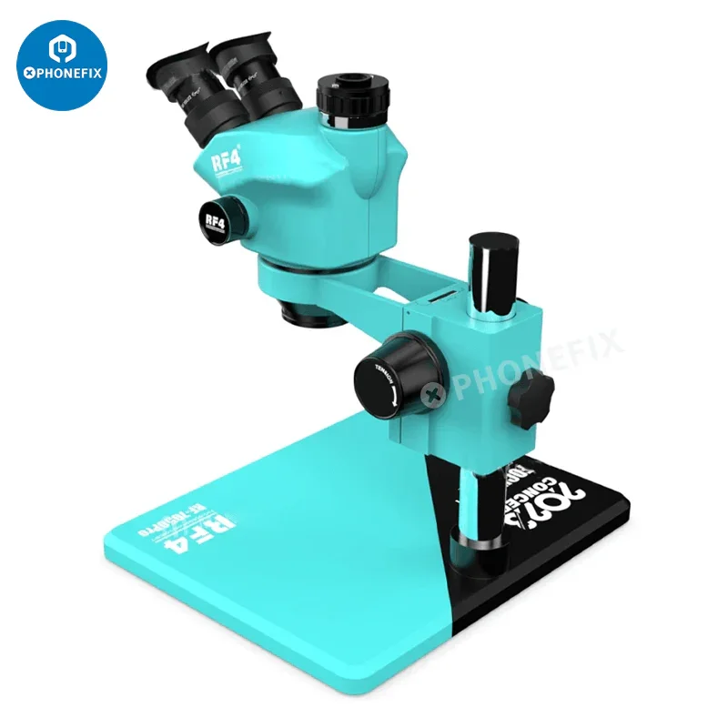 RF7050Pro 7-50X zoom trinocular stereo microscope with alloy base, showing eyepieces and adjustable focusing on a sturdy metal stand.