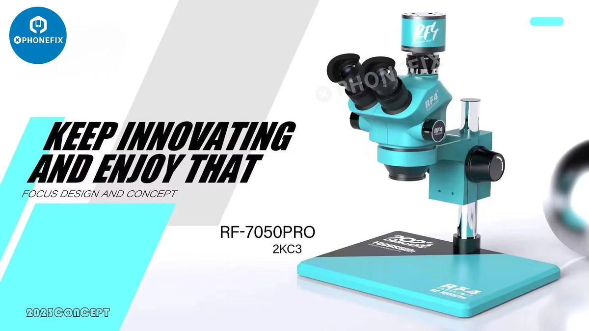 RF7050Pro 7-50X zoom trinocular stereo microscope with alloy base, showing adjustable eyepieces and sturdy construction.