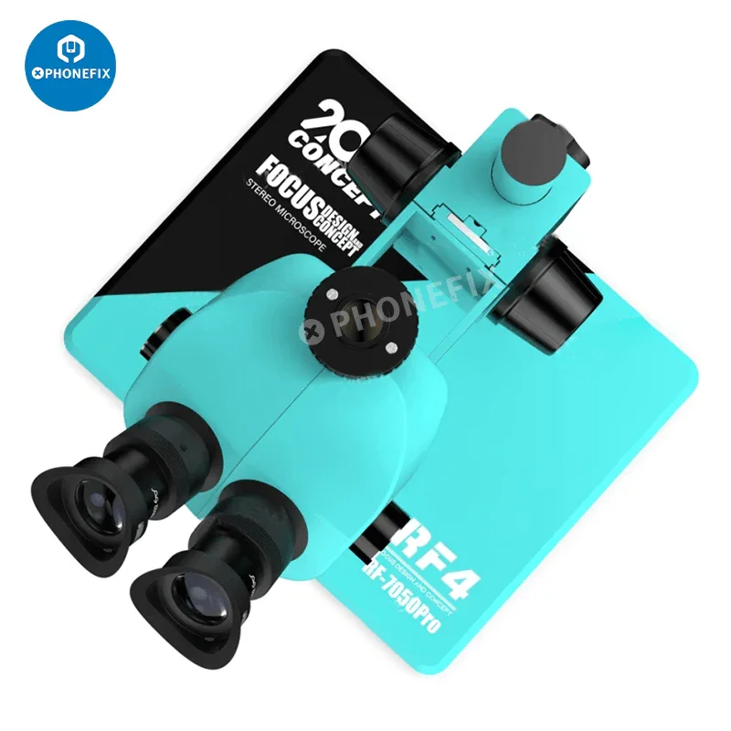 PHONEFIX RF7050Pro 7-50X zoom trinocular stereo microscope with alloy base, featuring adjustable magnification and ergonomic design.