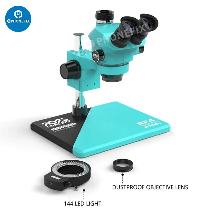 RF7050Pro 7-50X zoom trinocular stereo microscope with alloy base, shown with adjustable eyepieces and sturdy construction.