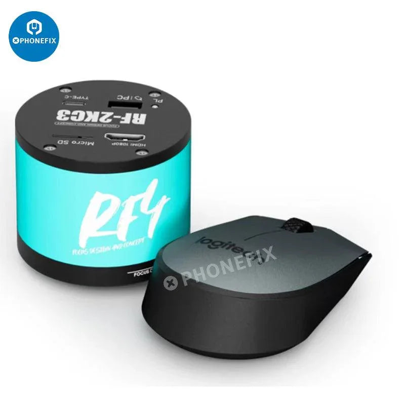 RF7050Pro 7-50X zoom trinocular stereo microscope with alloy base, detailed focus on eyepieces and sturdy construction, by PHONEFIX