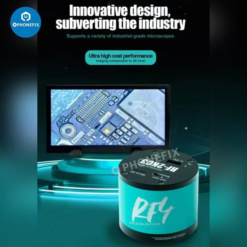 RF7050Pro 7-50X zoom trinocular stereo microscope with alloy base, shown on a sturdy work surface, used for detailed inspection.