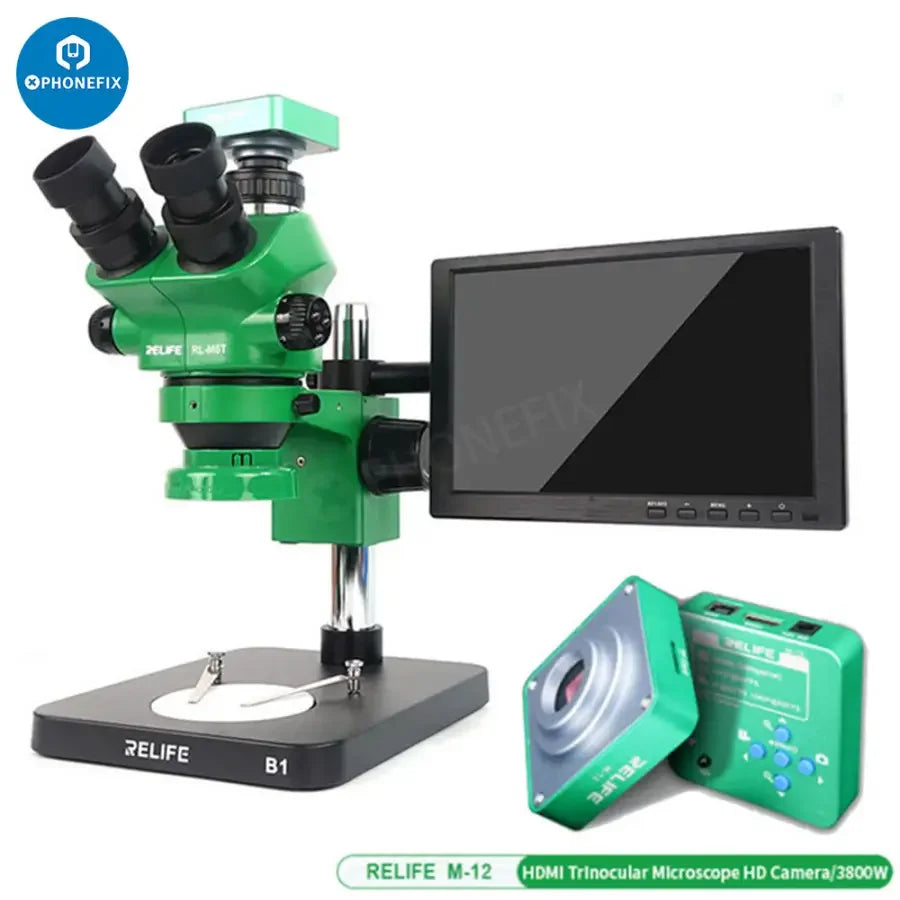 RELIFE RL-M5T-B1 trinocular microscope with display and HDMI camera, used for detailed scientific or educational viewing.