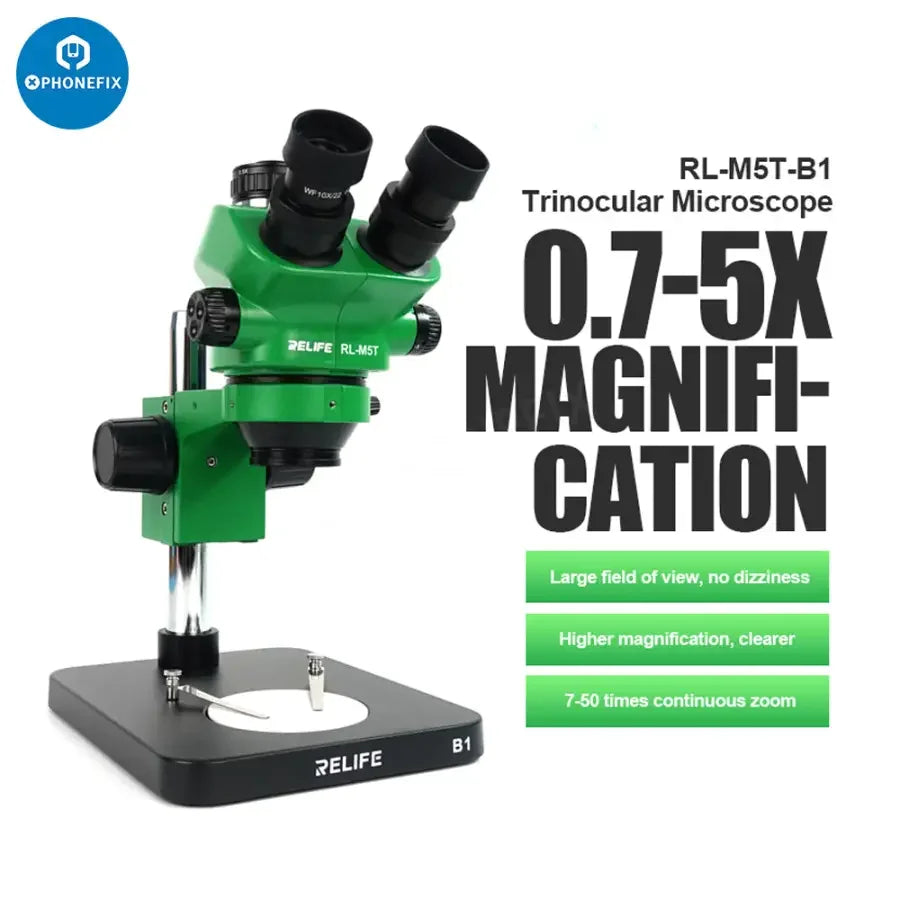 RELIFE RL-M5T-B1 trinocular microscope with HDMI camera and display, used for detailed biological and scientific examination.