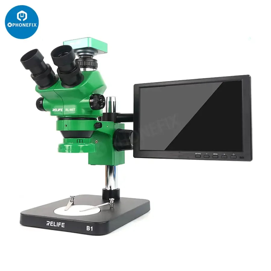 RELIFE RL-M5T-B1 trinocular microscope with HDMI display and camera, used for detailed scientific or educational microscopy.