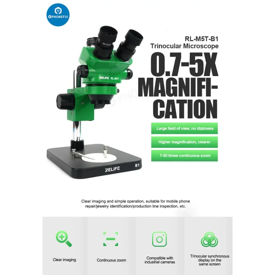 Relife RL-M5T-B1 trinocular microscope with HDMI display and camera, used for detailed scientific observation and imaging.