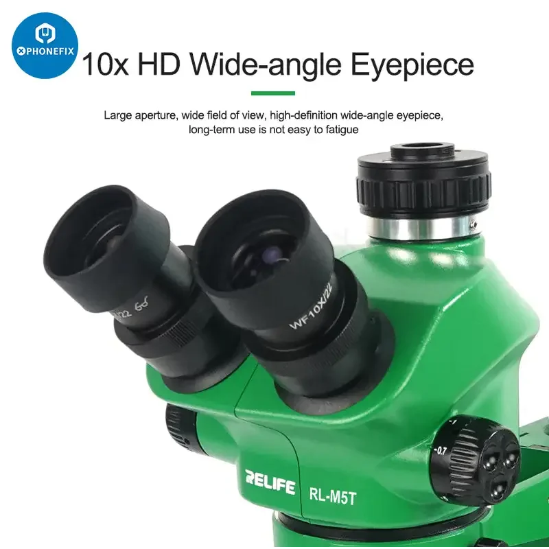 RELIFE RL-M5T-B1 trinocular microscope with display and HDMI camera, showing close-up view of sample for detailed observation.