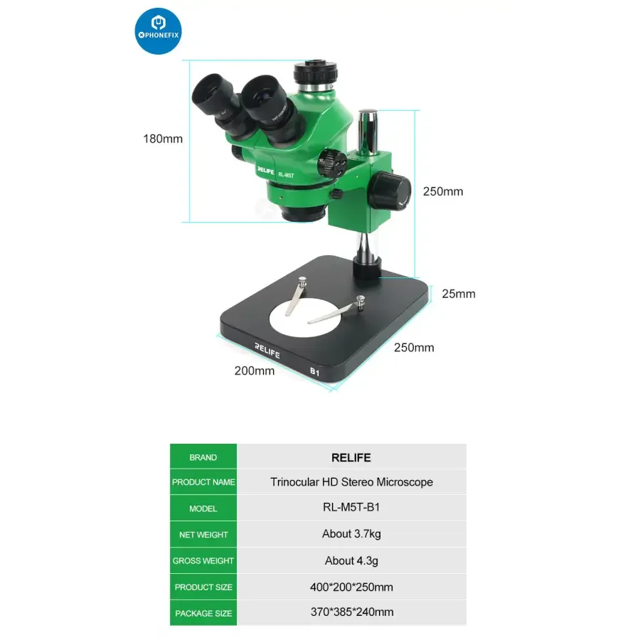 RELIFE RL-M5T-B1 trinocular microscope with HDMI camera display, featuring a sturdy stand and optical viewing lenses.