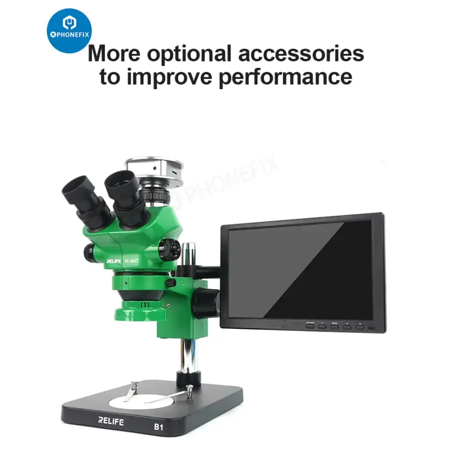 RELIFE RL-M5T-B1 trinocular microscope with display HDMI camera, used for detailed scientific observation, by PHONEFIX.