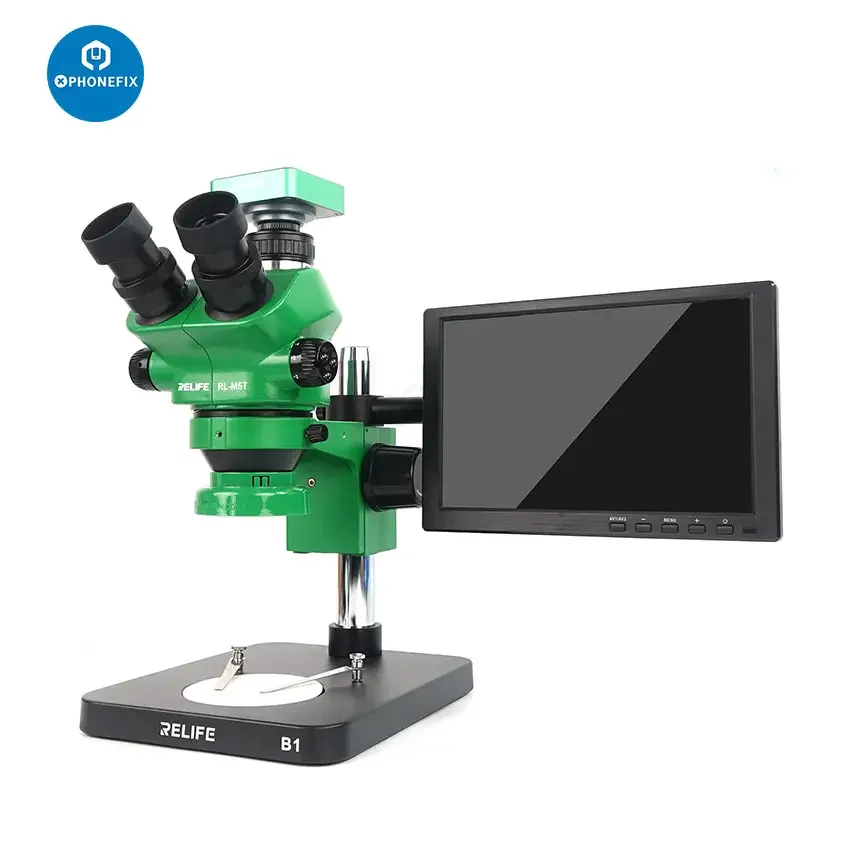 RELIFE RL-M5T-B1 trinocular microscope with display HDMI camera, used for detailed scientific or educational microscopy.
