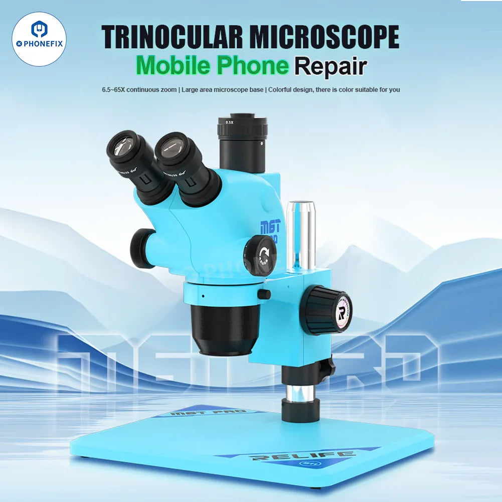 Microscopio estereoscópico trinocular Relife RL-M6T Pro B11 de 6.5X a 65X con oculares ajustables e iluminación integrada.