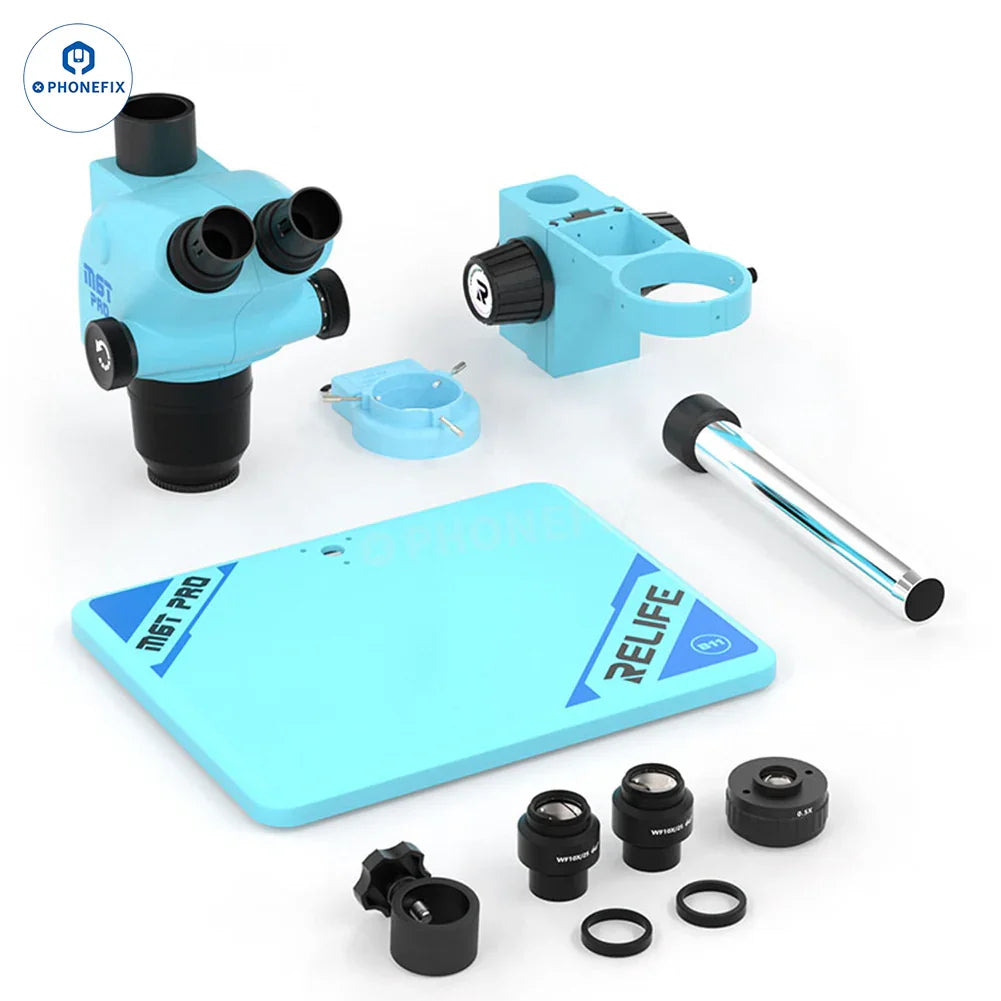 Microscopio estereoscópico trinocular RELIFE RL-M6T Pro B11 de 6.5X-65X que muestra los oculares y el mecanismo de enfoque ajustable.