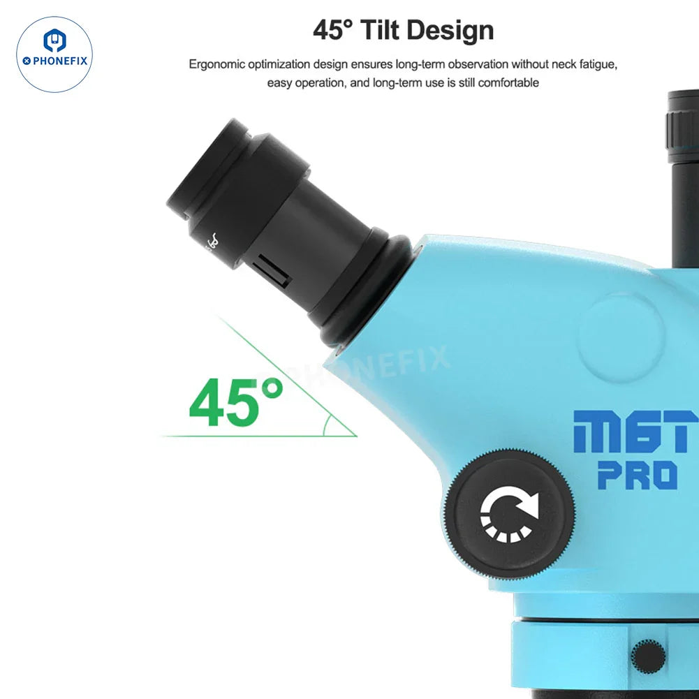 Microscopio estereoscópico trinocular RELIFE RL-M6T Pro B11 de 6.5X-65X con diseño ergonómico y enfoque ajustable, utilizado para la visualización de detalles.